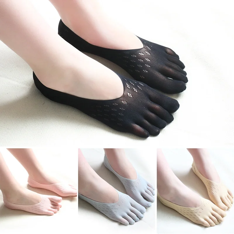 

5 Pairs Summer 5 Finger No Show Socks Silk Woman Nylon Solid Thin Mesh Breathable Shallow Mouth Deodorant Invisible Toes Socks