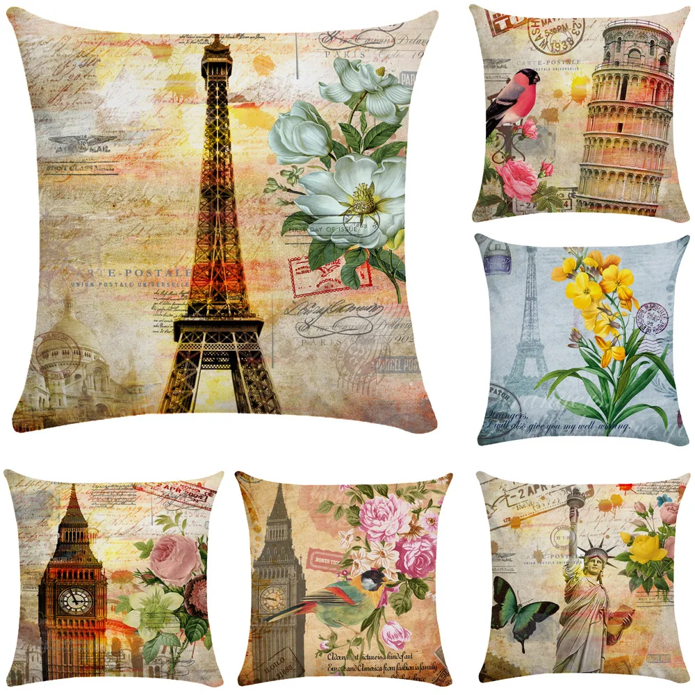 

Vintage Paris Tower Pillowcase London Clock Flower Pillows Case for Living Room Bedroom Luxury Soft Home Decor Sofa 45x45 50x50