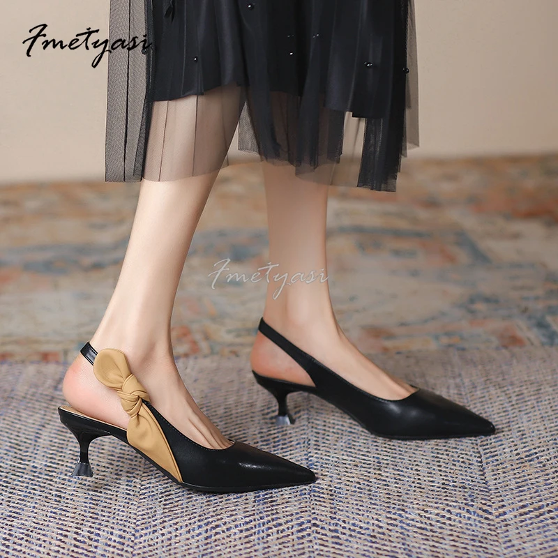 Woman Heels Pointed Toe Luxury Medium-Heeled Korean Style Sandals 2023 Summer Trend Breathable Comfortable Leather Shoe