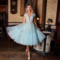 a line evening dresses draped tulle contoured v neck sleeveless knee length layered evening gowns open back sexy formal dress