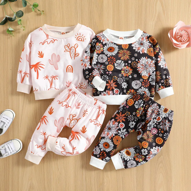 

Baby Girls Pants Set Spring Autumn 2022 Long Sleeve Cactus/Flower Print T-shirt with Elastic Waist Pants Baby Girl Clothes