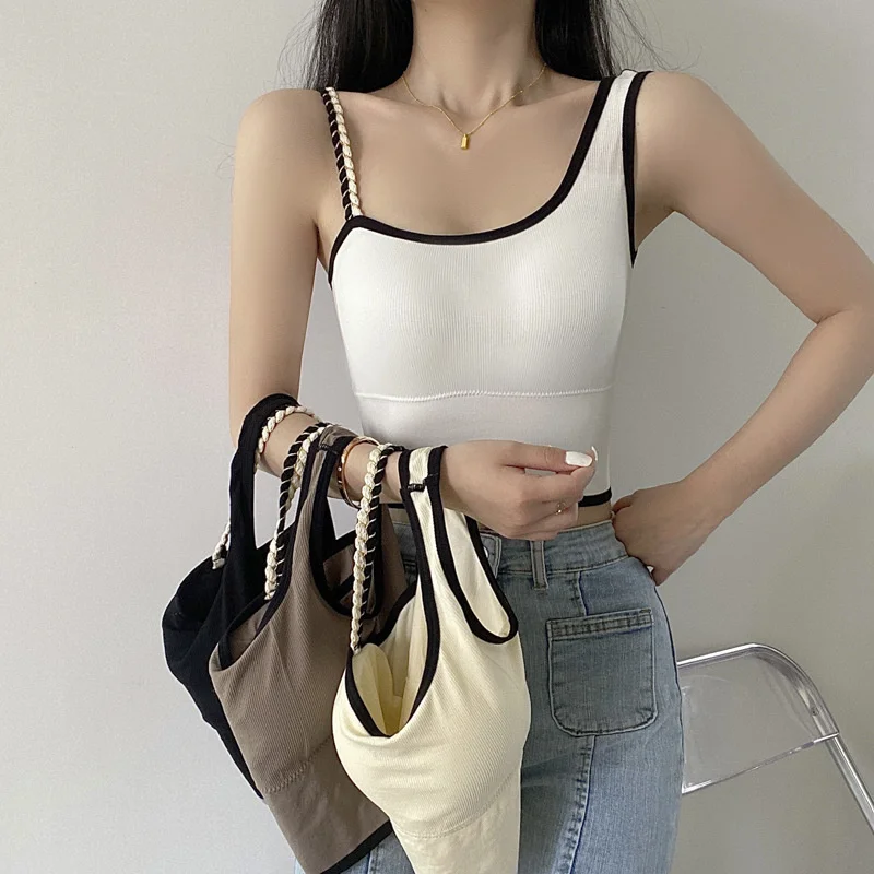 

Women Tank Crop Top Seamless Underwear Sexy Bra Camisole Vest Removable Chest Pad Push Up Crop Top with Irregular Shoulder Strap