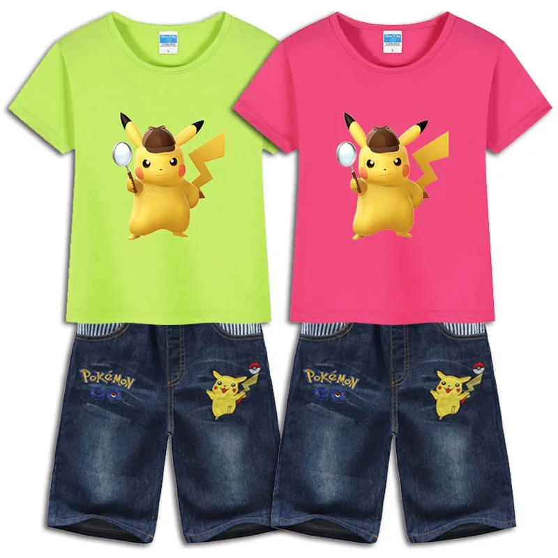 

Pikachu Children's Clothing for Boys and Girls, Cartoon Printed T-shirt, Short-sleeved Top + Denim Pants Set, The Best Gift