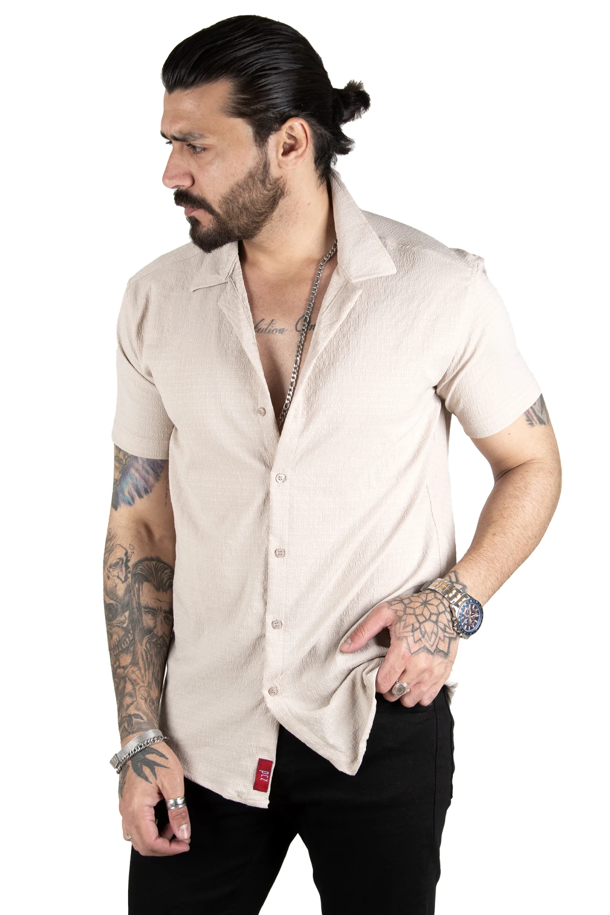 DeepSEA creasing fabric buttoned lycra applique collar short sleeve men's shirt 2104042