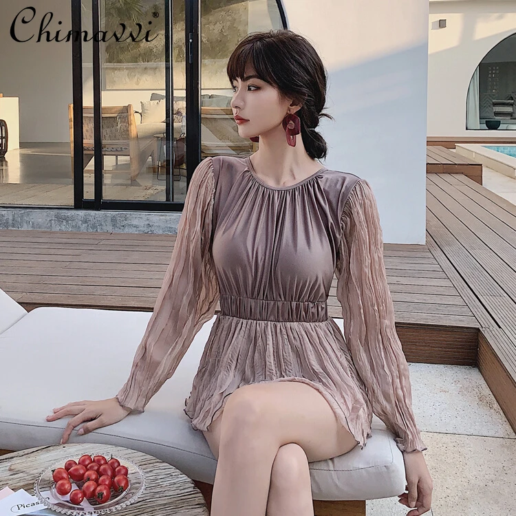 

Summer 2022 New Fashion Pleated Slim Waist Dress Swimwear Female Conservative Seaside One-Piece Swimsuit for Women