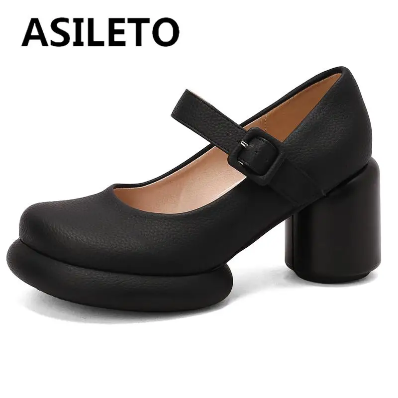 

ASILETO 2022 Ladies Pumps Round Toe High Heels Buckle Strap Platform Big Size 34-40 Sold Green Yellow Cool Shoes Office S4026