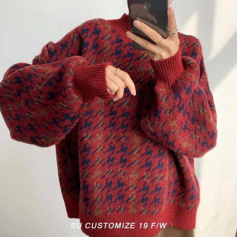 

Houndstooth Women Pullover Sweater Loose Knitted Vintage Casual O Neck Jumper Winter Red Warm Female Plaid Sweater New