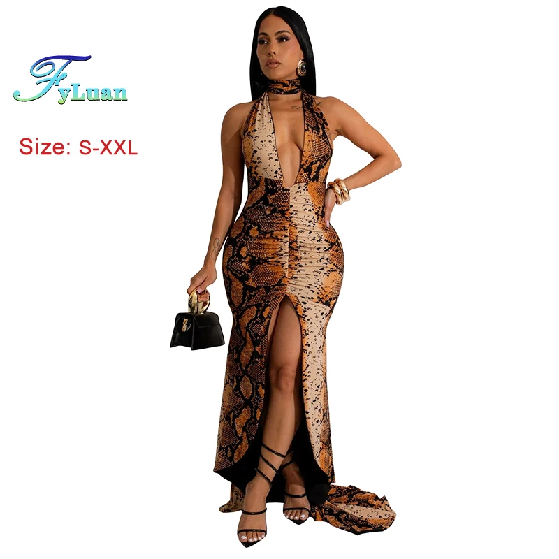 2025 пикантное женское колье с лямкой на шее и змеиным принтом длинное платье макси