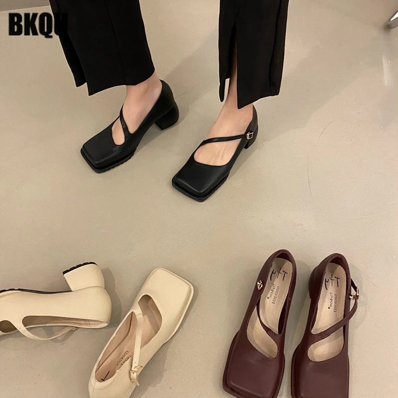 

Женские винтажные туфли на толстом каблуке, туфли-лодочки с квадратным носком и ремешком с пряжкой, осень 2022