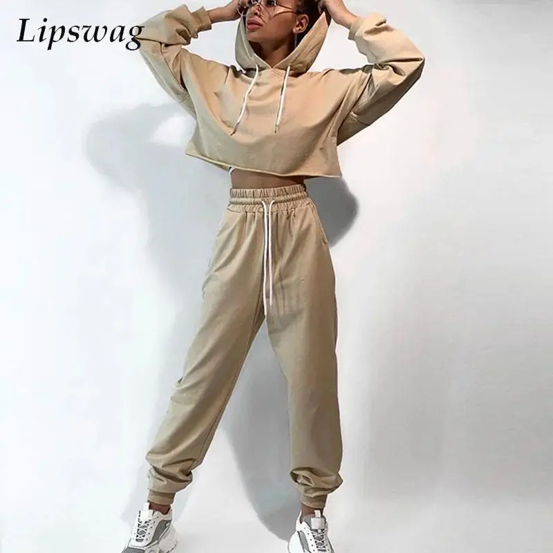 

Autumn Fashion Solid Loose Set Women Hooded Sweatshirt Tracksuit Casual Long Sleeve Pullover And Tie-up Pants Outfits Sportswear
