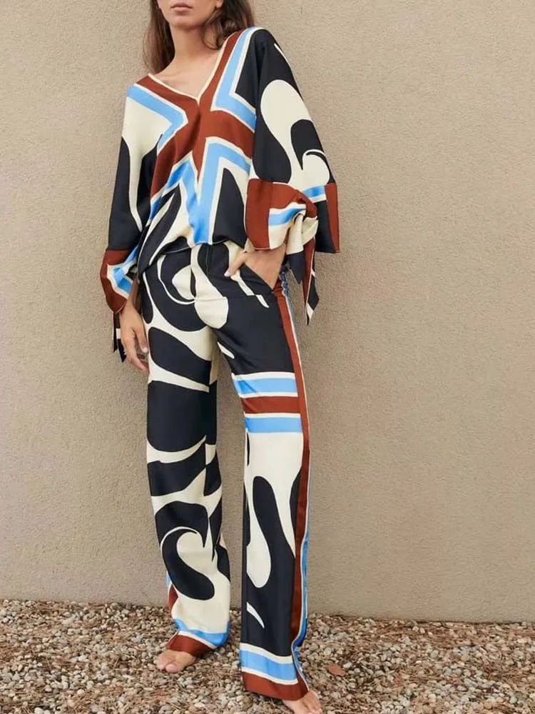 

Женский костюм с принтом Kumsvag, комплект из двух предметов, свободная блузка и брюки, элегантная одежда для отпуска, лето 2022