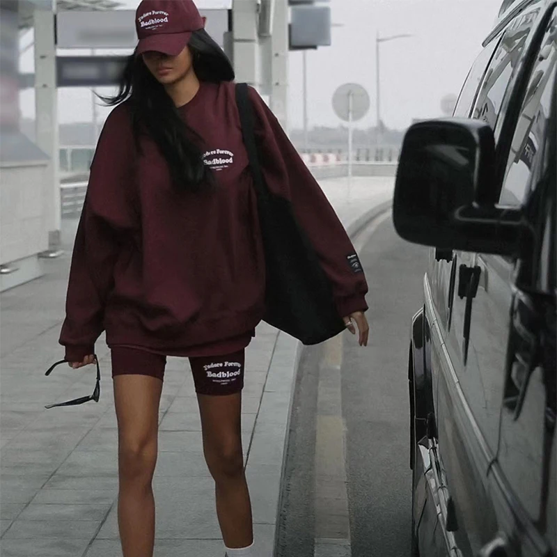 

Autumn Badblood Women Sweatshirt Korea Retro Letter Embroidered Pullover Loose O Collar Sports Long Sleeves Top Unisex