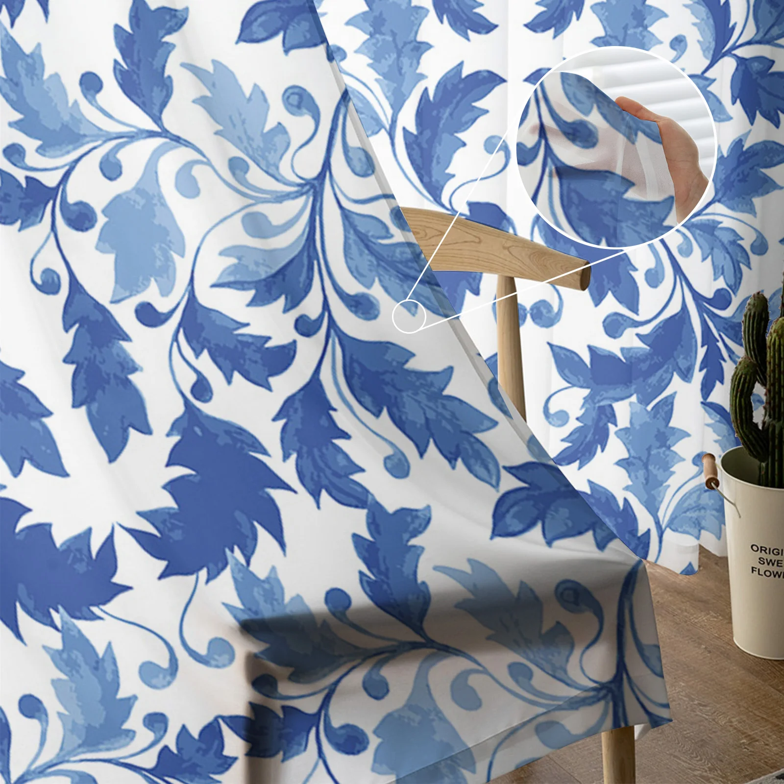 Акварельные темно-синие тюлевые шторы с листьями для гостиной вуаль прозрачные