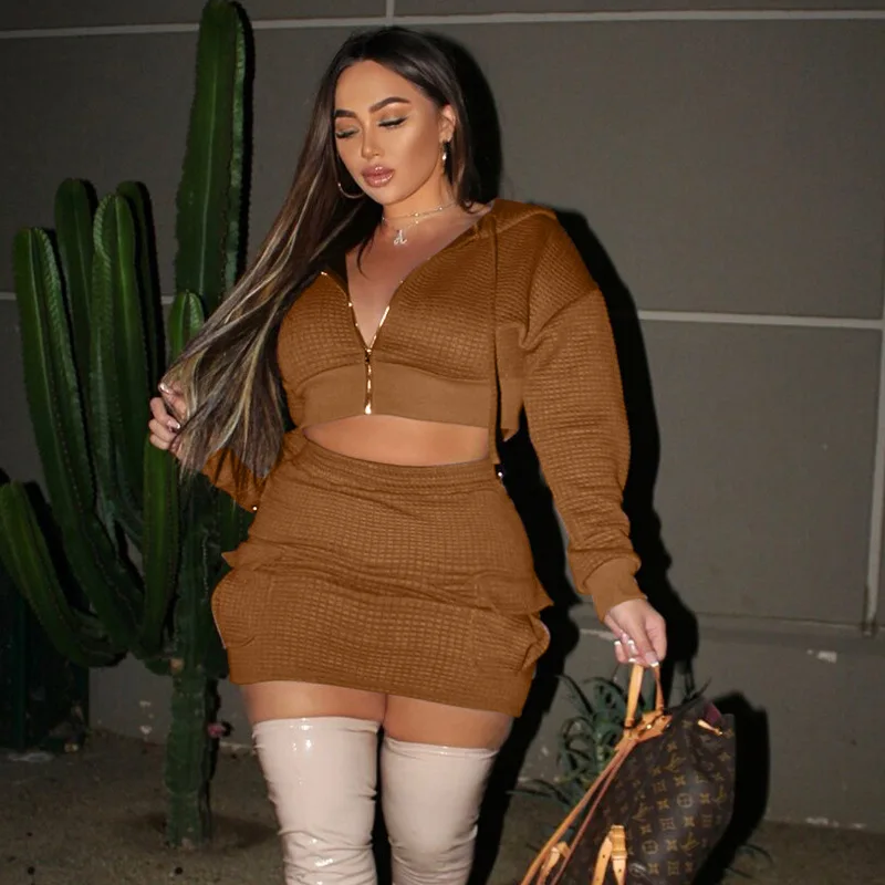 

Two Piece Set 2022 Autumn Knitted Button Long Sleeve Crop Top+Mini Bodycon Skirts Casual Women Party Tracksuits Outfits Hoodies