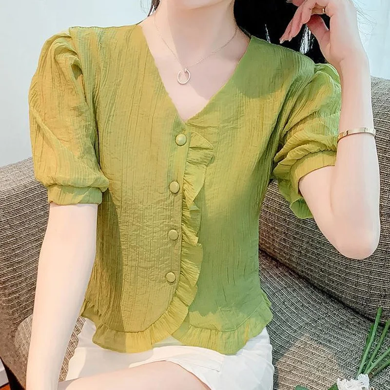 Новая корейская модная блузка с оборками Sumemr коротким рукавом и V-образным