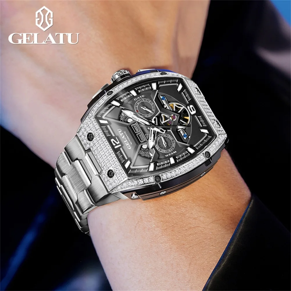 Фото Мужские часы GELATU Luxury, оригинальные, скелетонизированные, автоматические, механические ﻿   Водонепроницаемые часы из нержавеющей стали 50 м для мужчин, подарок 6016 №5