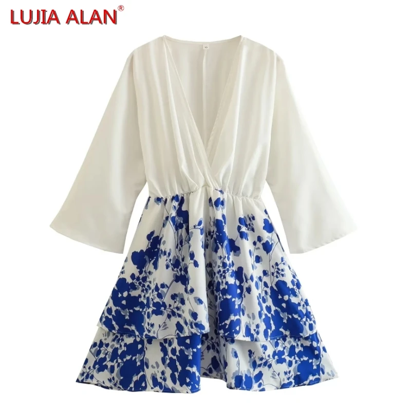 

New Women's Placement Printed Cascading Ruffle Mini Dress Female Summer Casual V-neck Raglan Sleeve Vestidos LUJIA ALAN WD2606
