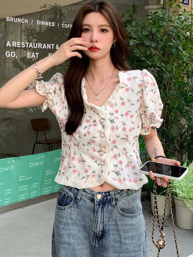 

Блузка женская с цветочным принтом, модная повседневная рубашка на пуговицах, короткий топ с коротким рукавом для молодых девушек, во франц...