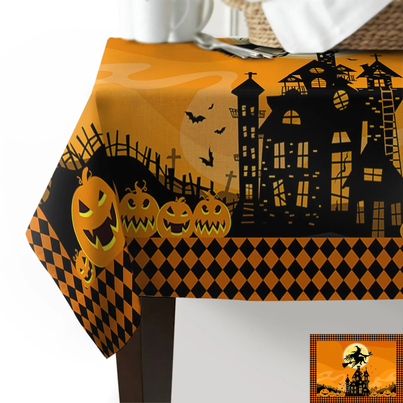 

Скатерть водостойкая с изображением замка ведьмы, тыквы, летучей мыши, Луны, черной кошки, оранжевого цвета, для кухни и домашнего декора
