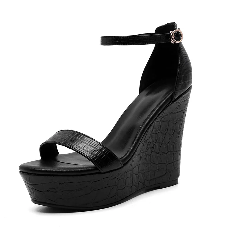 alejka 12CM sandały na koturnie damskie letnie skórzane czarne rzymskie słowo klamra wodoodporne grube dno bardzo wysokie z butami ms peep-toe (art.: 7a54f71c8) - 7a54f71c8