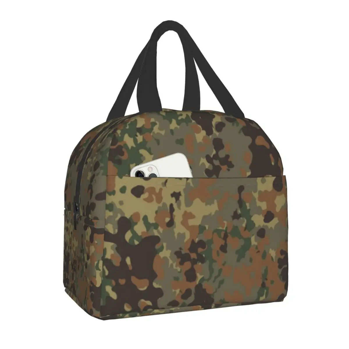 Flecktarn Camo Insulated Lunch Tote Bag for Men Military Army Camouflage Cooler Thermal Food Lunch Box Outdoor Camping Travel