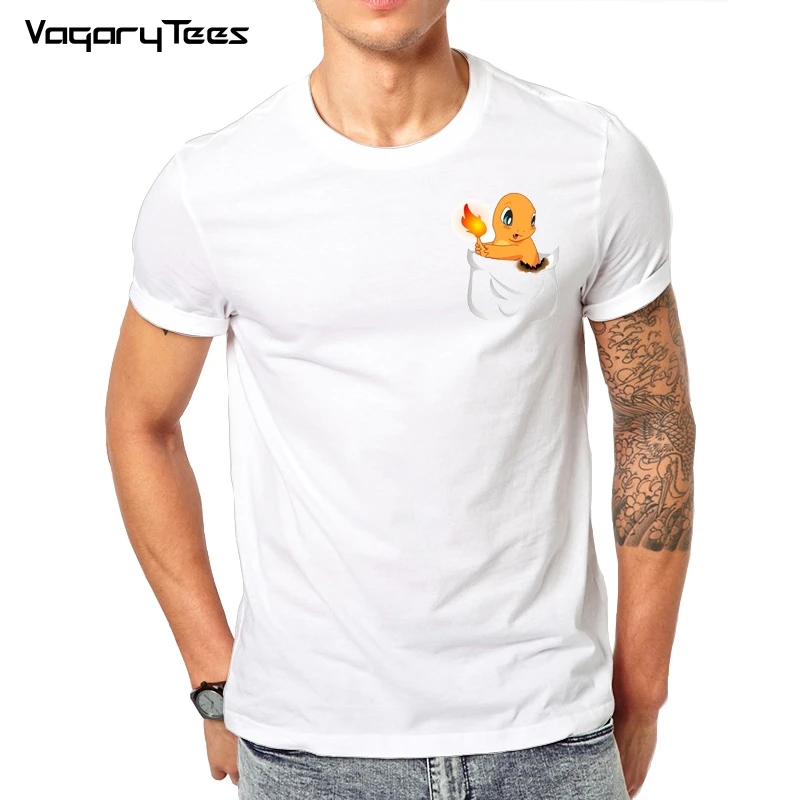 

Футболка мужская с карманами, уличная одежда с мультяшным рисунком Чармандера Чара, повседневная короткая рубашка в стиле хип-хоп, мультяшн...