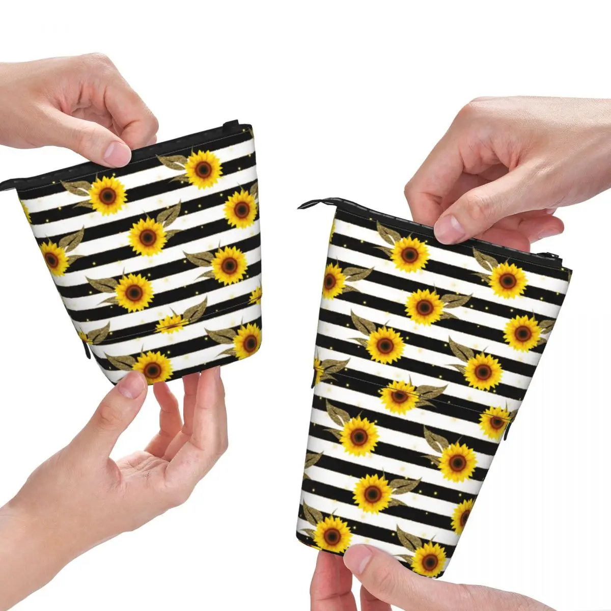 

Sunflower Print Fold Pencil Case Black and White Stripes For Teens University Standing Pencil Box Simple Pen Organizer