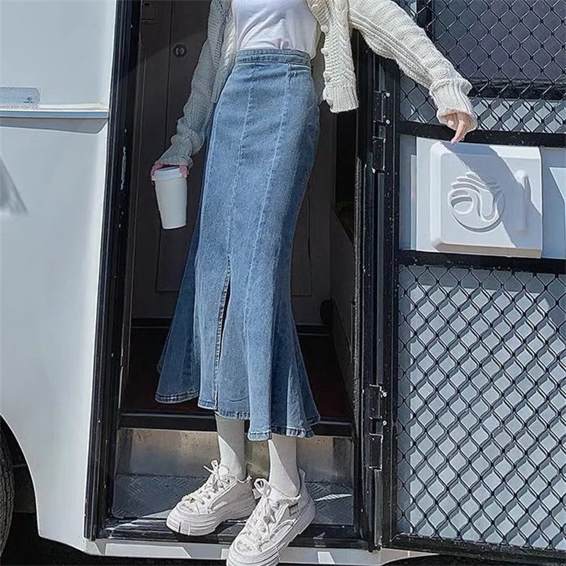 Юбка-годе женская джинсовая средней длины с разрезом винтажная Повседневная