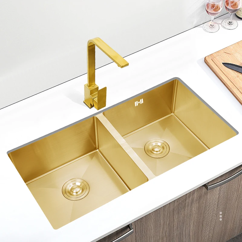 85x45 cm brushed gold kitchen sink under counter vegetable wash basin 304 stainless steel double bowl of the same size | Обустройство