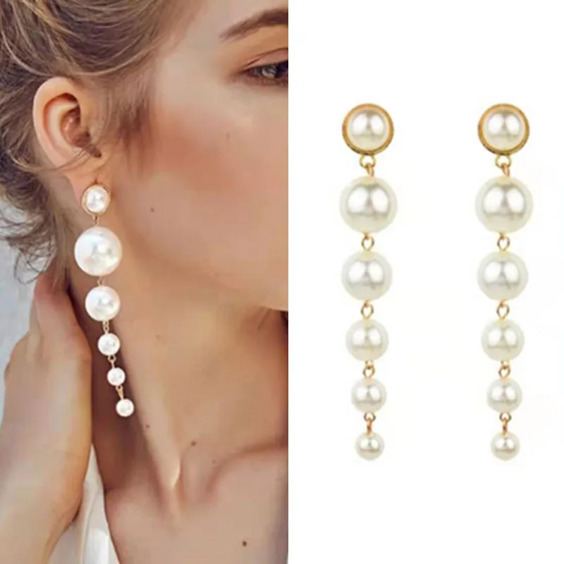 

Creative Ladies Long White Round Simulated Pearl Stud Earrings for Women Party Wedding Engagement Jewelry
