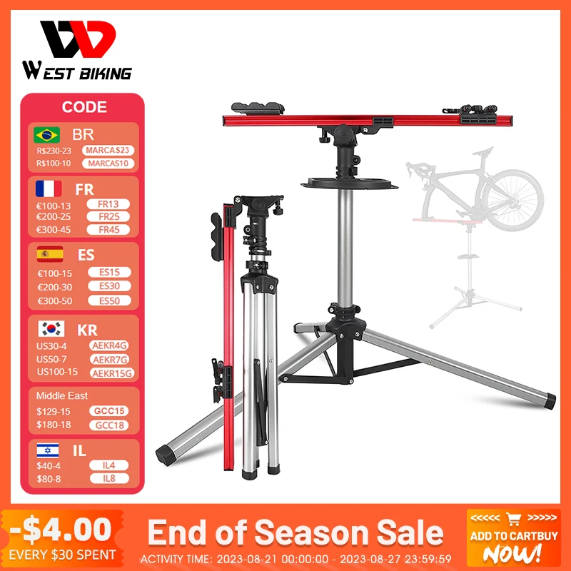 WEST BIKING Professional Bike Repair Stand with Tool Tray Foldable Adjustable Wash Rack MTB Road Bicycle Maintenance Workstand