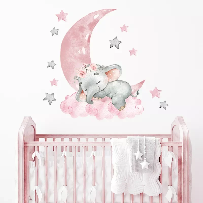 

Cartoon Pink Baby Elephant Wall Stickers Hot Air Balloon Wall Decals Baby Nursery Decorative Stickers Moon and Stars for Girl