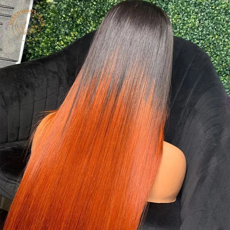 Парик фронтальный с прозрачной сеткой 2 оттенка черный оранжевый прямой 13x4 парик