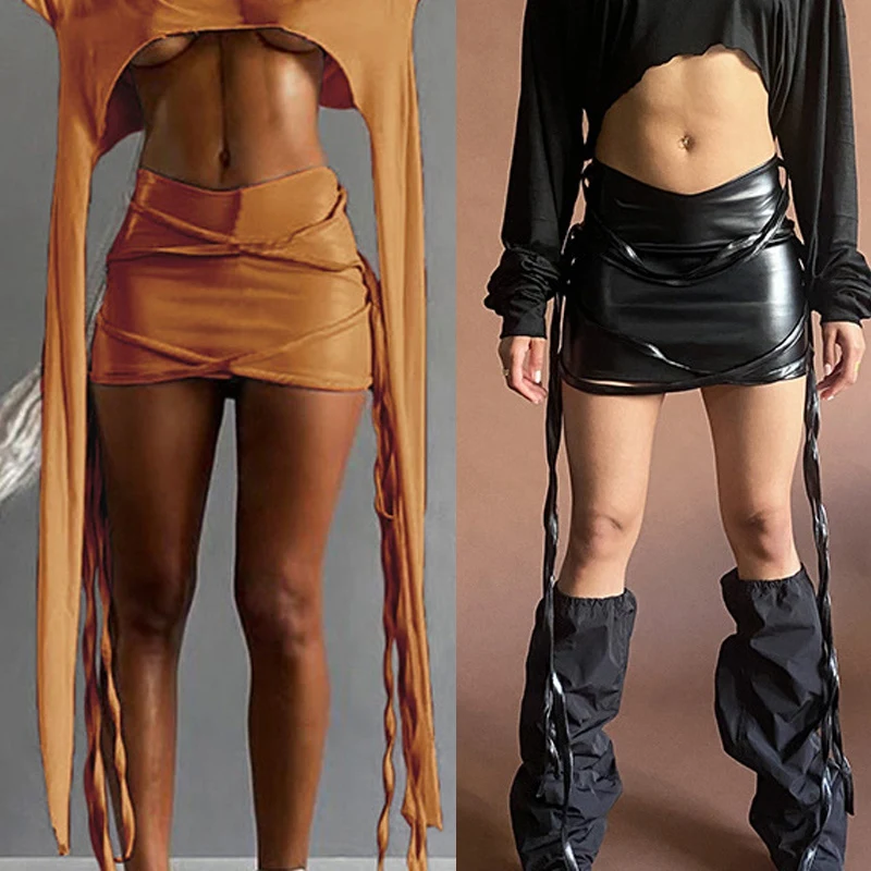 

NEW-Tassel Vintage Bodycon Pu Leather Mini Skirts Women Gothic High Waist Streetwear Club Hip Package Short Skirts