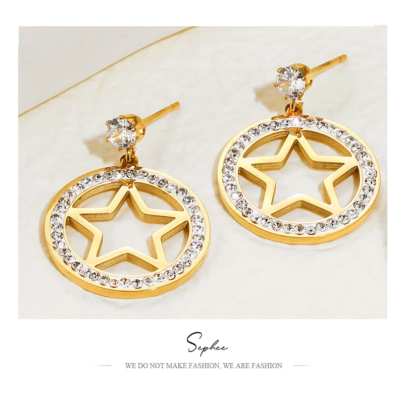 

Sephee Titanium Steel Diamond Earrings Five Pointed Star Plated 14K Gold Earrings Female Fashion Design Earrings Wholesale