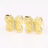 authentic 925 sterling silver sparkling gold spring butterfly with crystal stud earrings for women wedding gift pandora jewelry