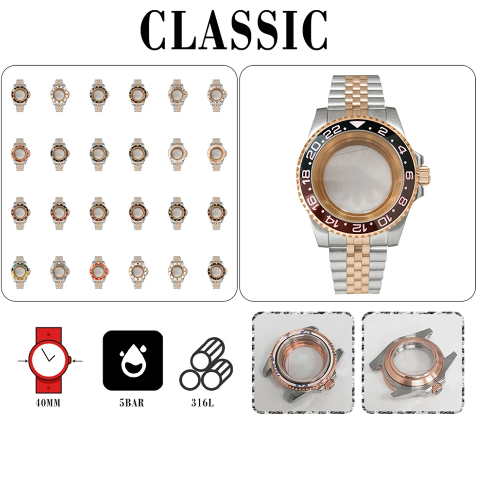 PVD Rose Gold Watch Case Strap Kit 40mm Transparent Bottom Sapphire Flat Glass Watch Case for NH35 NH36 Movement Accessories