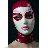 sexy rose red latex hood rubber mask white face open eyes mouth with back zipper