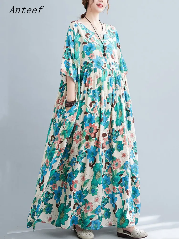 

Женское винтажное платье с цветочным принтом Anteef, повседневное Свободное длинное летнее платье с коротким рукавом, 2023