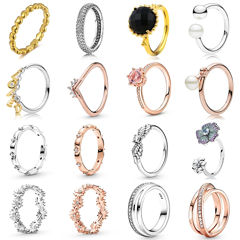 

925 Sterling Silver Rings With Sparkling Rose Gold Crown Bow Pearl Crystal Daisies Ring For Women Wedding Party Jewelry