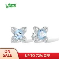 VISTOSO 14K 585 White Gold Earrings For Lady Sparkling Sky Blue Topaz Diamond Flower Stud Earrings Anniversary Gift Fine Jewelry