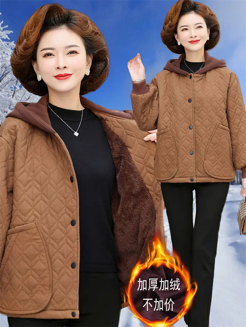 

Одежда для матери на осень и зиму, плюшевая хлопковая куртка, женское свободное повседневное короткое пальто с капюшоном для женщин среднего и пожилого возраста, 2022, T1898