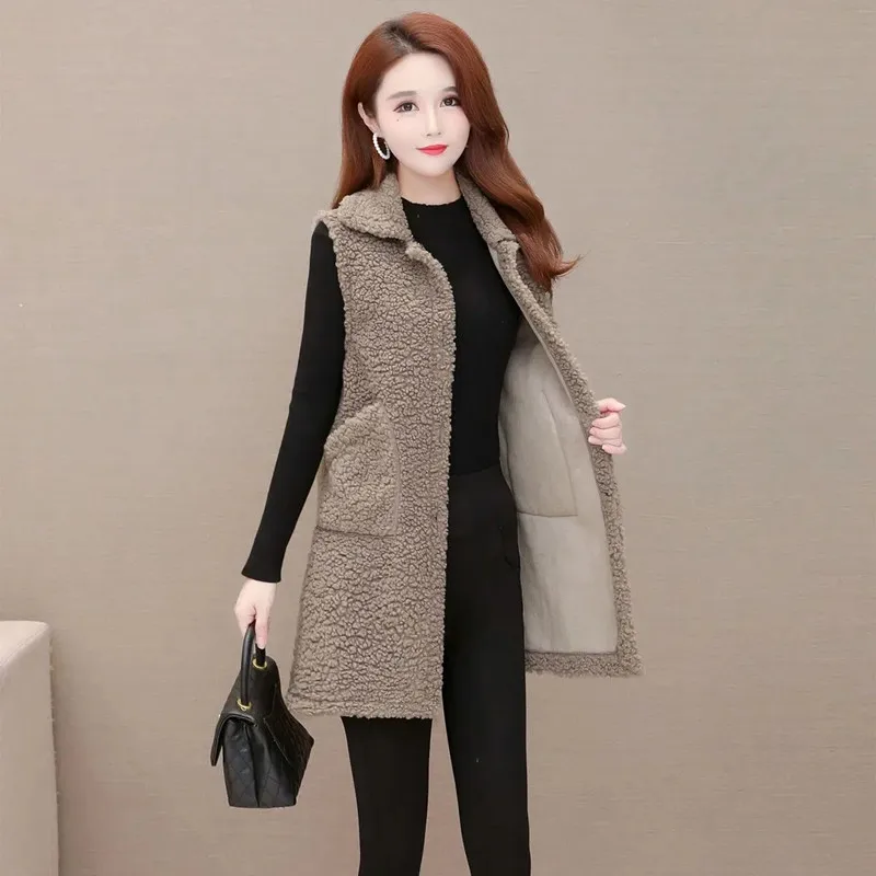 

Women Vest Imitation Lamb Wool Autumn Winter Thicken Korea Fashion Casual Vintage Sleeveless Jacke Mid-length Waistcoat Pocket