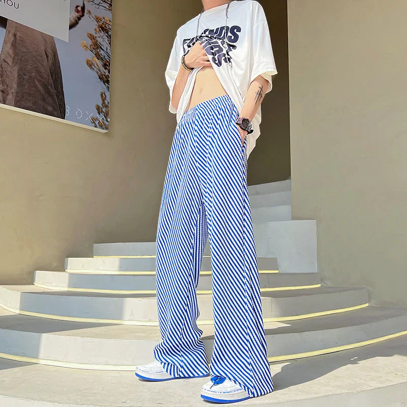 

Hybskr Men' Stripe Ice Silk Casual Pants Streetwear Straight Oversize Men Trousers Designer Brand Hip Hop Unisex Pant