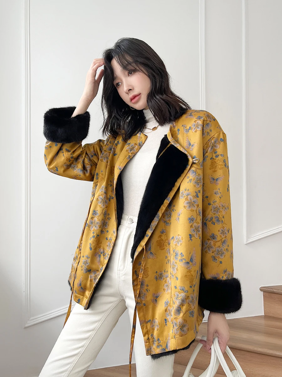 Marten Overcoats Women's Double-Sided Wear Chinese Style Mink Fur Coat Whole Mink Imported Velvet Winter