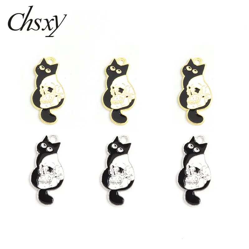 

10pcs Enamel Halloween Skeleton Cat Charms Cute Cartoon Animal Alloy Metal Pendants Handmade Earrings DIY Accessories Supplies