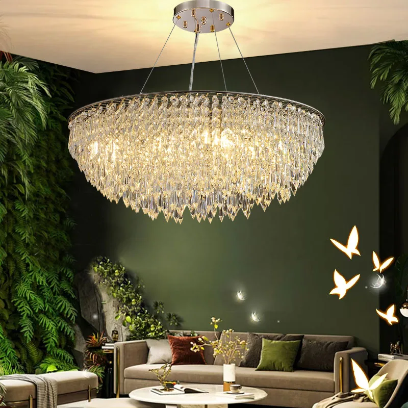 

Top Luxury Crystal Chandelier For Living Room Viall Hall Bedroom Round Hanging Light Fixtures Silver Dining Table Hotel Lighting