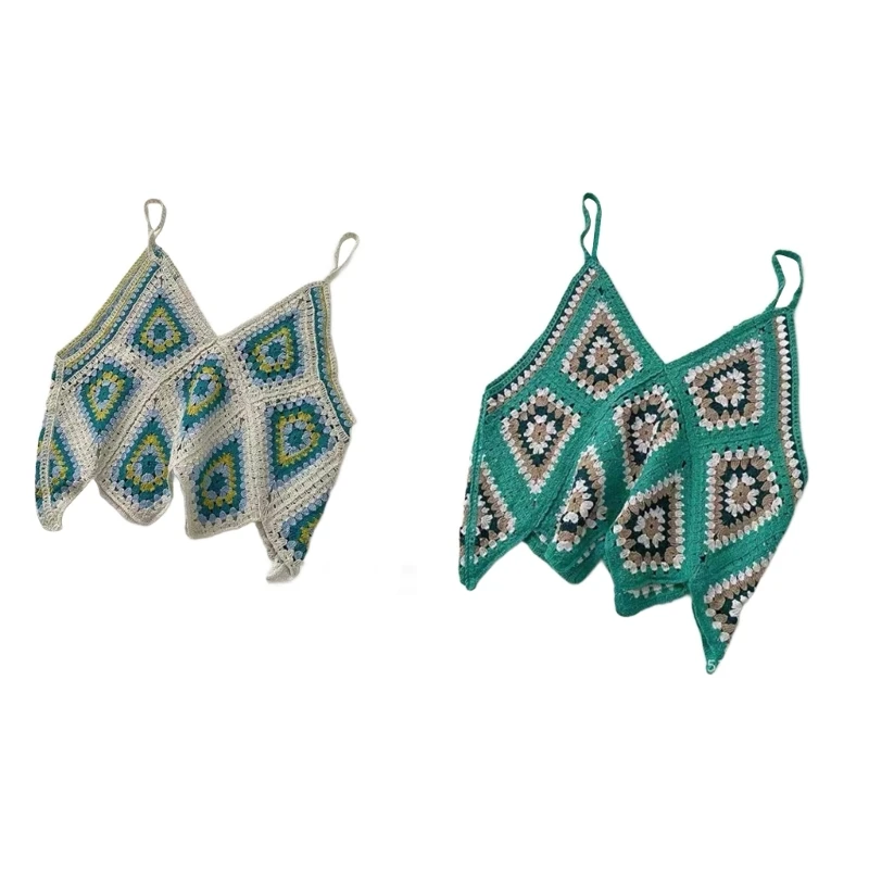 

Women Vintage Crochet Knit Camisole Geometric Plaid Spaghetti Strap Sleeveless Crop Top Summer Holiday Cami Beach Sling Vest