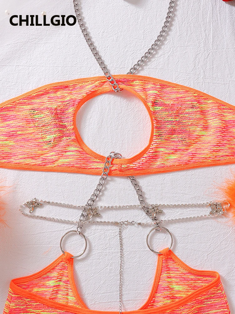 CHILLGIO женские блестящие боди с бриллиантовой цепочкой полые цельные