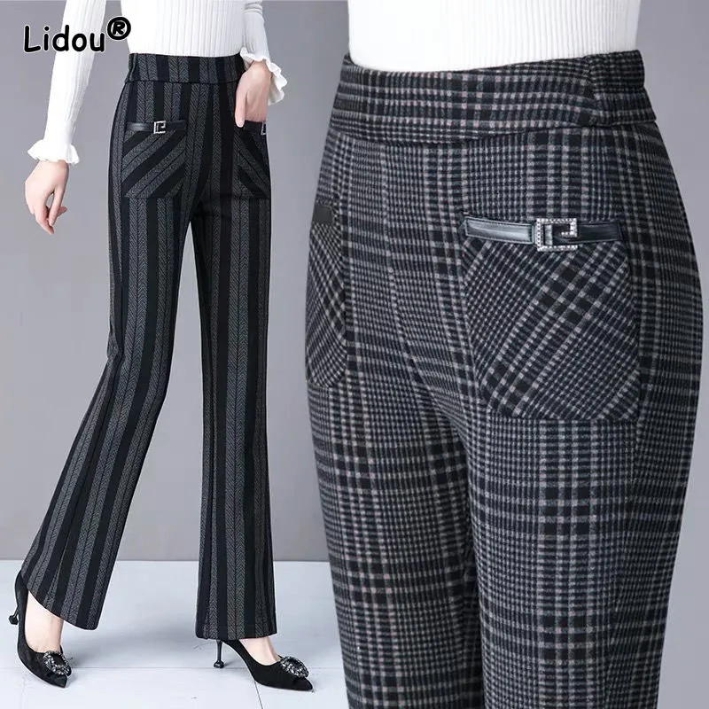 

Vintage Striped Pockets Ankle-length Pants Elastic Waist Lattice Flare Pants Slim Three-dimensional Decoration Metal Belt Cotton
